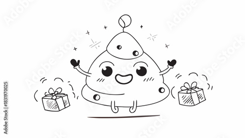 Cartoon character with a hat and mittens jumping with gifts in a black and white drawing style