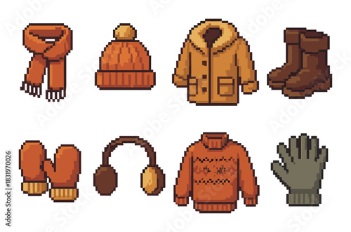 Pixel art winter clothing collection with cozy accessories on warm background