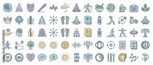 Wellness and lifestyle icon set. includes meditation, yoga, nutrition, nature, fitness, mindfulness, therapy, relaxation. Vector collection