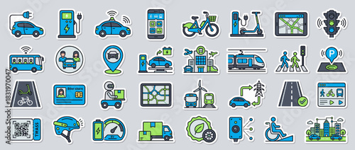 Transportation and eco-friendly icon set. includes electric vehicles, charging, maps, bicycles, parking, bus, train, gps, wind, solar. Vector collection