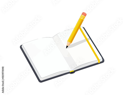 Yellow Pencil Resting on Open Blank Notebook