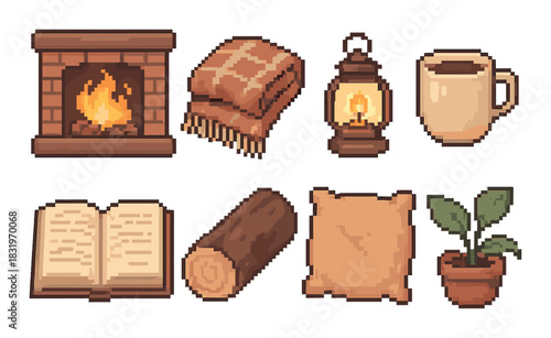 Cozy pixel art: fireplace, blanket, lantern, mug, book, log, pillow, plant