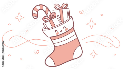 A festive christmas stocking filled with presents and a candy cane with stars and hearts around it