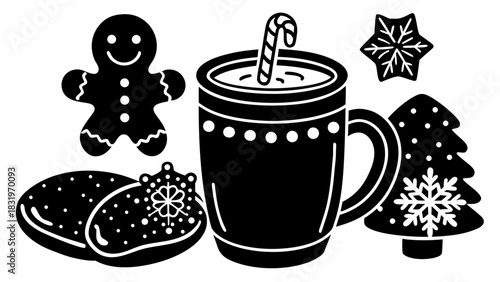 Festive christmas treats with gingerbread man, hot chocolate and christmas tree cookies isolated