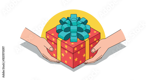 Hands giving decorative gift box with bow in colorful isometric style