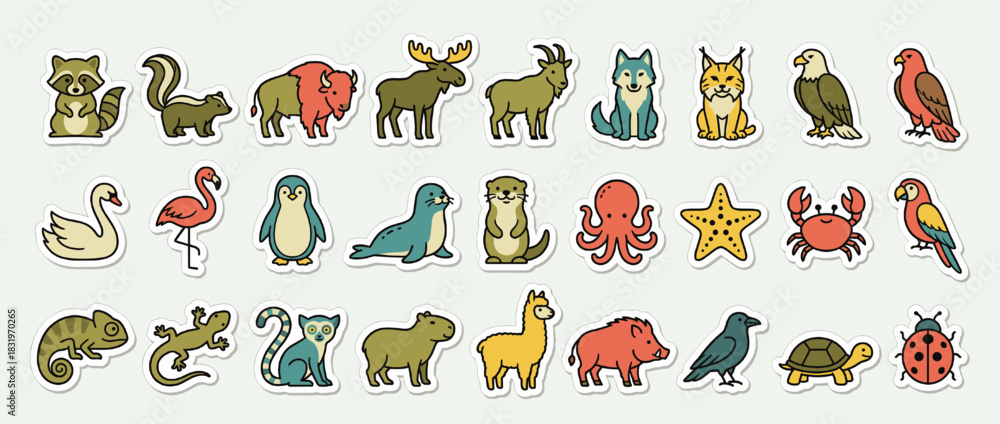 Obraz premium Animal icon set. containing raccoon, skunk, bison, moose, lynx, eagle, parrot, flamingo, penguin, seal and more. Vector collection