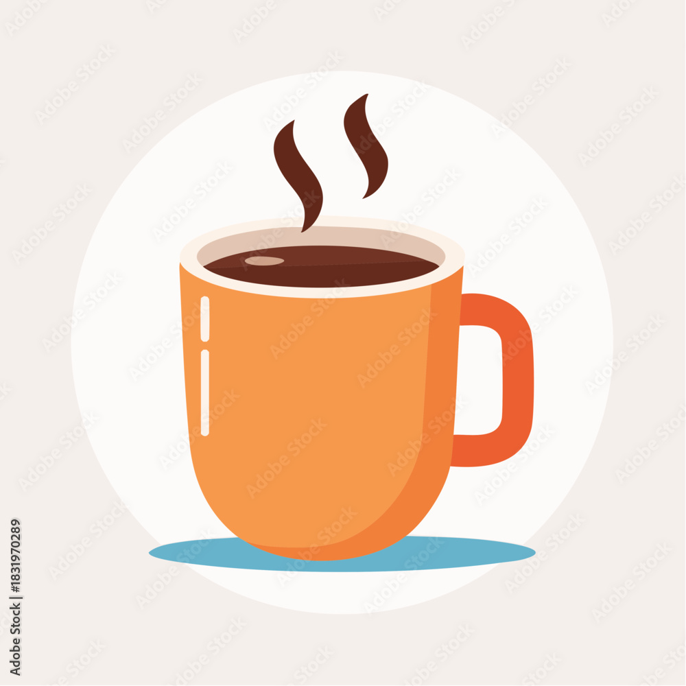 Obraz premium Orange Coffee Mug With Steam Rising Above Hot Beverage On A Light Background With A Blue Shadow