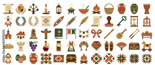 Folk art and culture icon set. containing mask, wreath, pottery, lantern, bread, totem, candle, quill, wine, and more. Vector collection