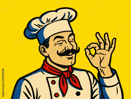 Bellissimo gesture chef making the delicious hand gesture, cooking and food themes pop art generative ai fictional character vector illustration. Colorful pop art