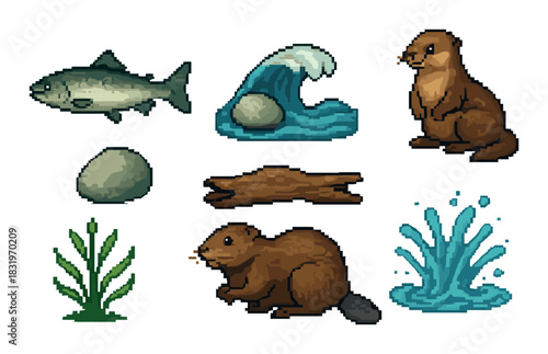 Pixel art beavers, otter, fish, water, logs, rocks, and plants in nature scene