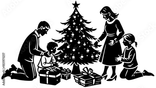 A family decorating a christmas tree with presents underneath in a black and white illustration