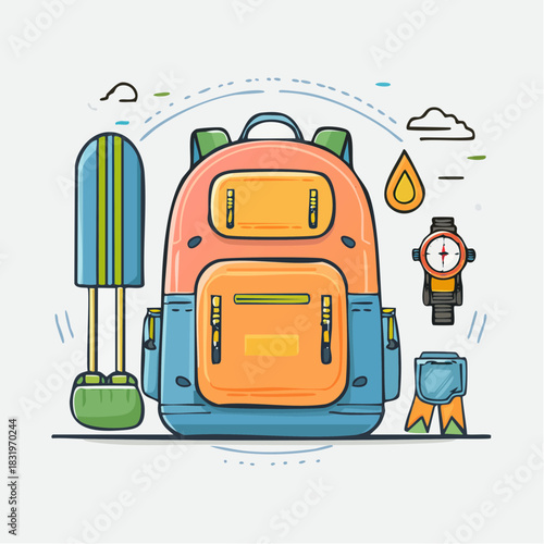 Colorful Backpack With Skateboard Watch And Other Accessories Isolated On White Background