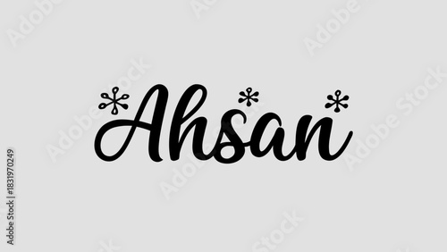 Ahsan text in black cursive font with starburst accents on a light gray background image design