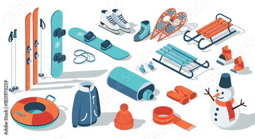 Winter sports and activities equipment in modern isometric style