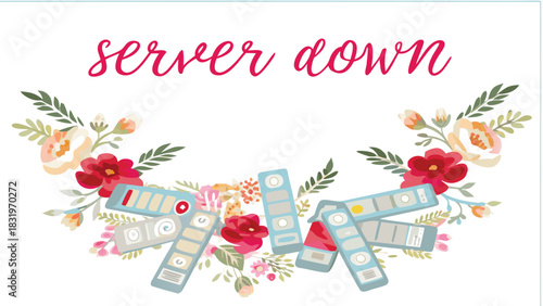 Server down message with floral decoration and file binders illustration for it issues or office organization concepts