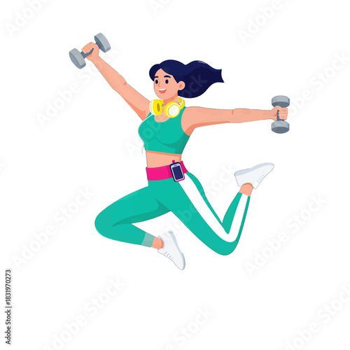 Young Woman Jumping with Dumbbells during Workout