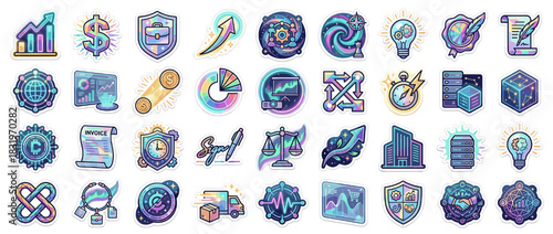Finance and technology icons set. containing graph, money, shield, target, light bulb, gears, scales, blockchain and more. Vector collection
