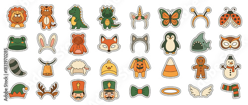 Animal and seasonal costume icons set. including lion, dinosaur, unicorn, butterfly, fox, penguin, shark, snowman. Vector collection