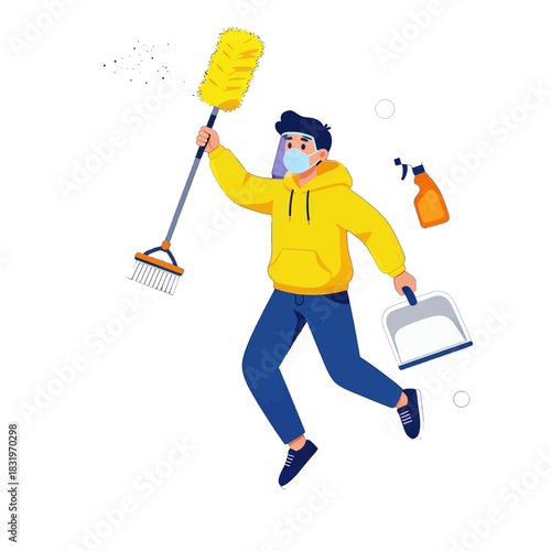 Young man with cleaning supplies and a face mask