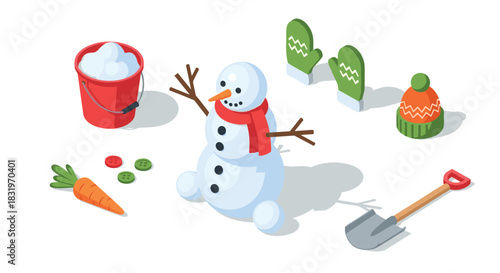Isometric winter elements with snowman, mittens, and snow shovel on white background