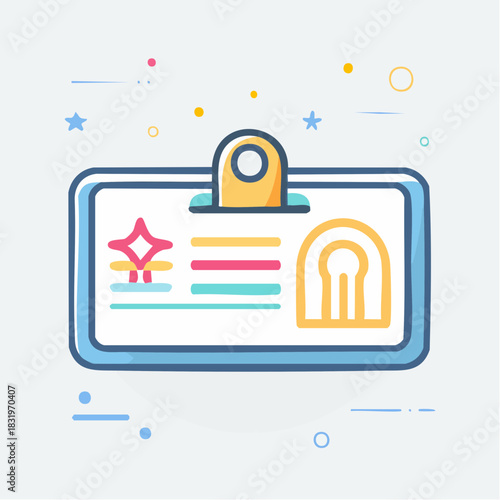 Identification Card With Stars And Keyhole Symbol On White Background With Blue Border And Abstract Decorations