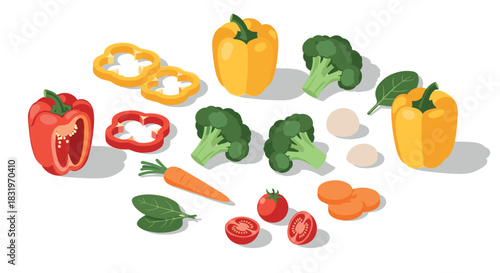 Fresh isometric vegetables composition featuring peppers, broccoli, and tomatoes for healthy cooking ideas