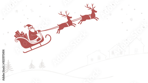 Santa claus flying in his sleigh pulled by reindeers over a snowy village on christmas eve night