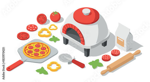 Isometric pizza ingredients and wood-fired oven on white background