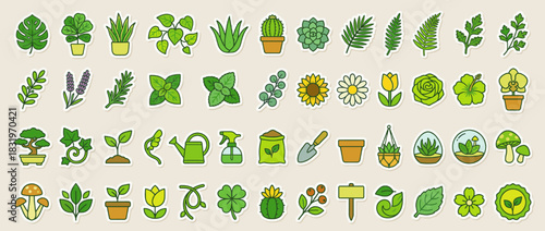 Gardening and nature icon set. includes plants, leaves, flowers, pots, tools, trees, fern, herbs, succulents. Vector collection