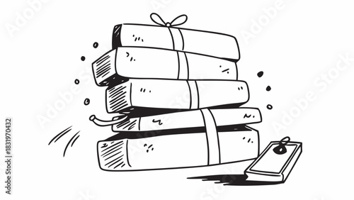 Illustration of a dynamite stack with a lit fuse and a detonator on the side in black and white