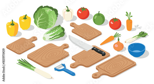 Isometric kitchen tools and vegetables on white background