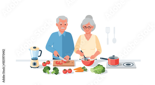 Elderly couple cooking together in modern kitchen setting