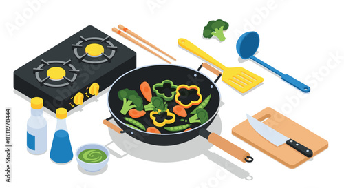 Isometric kitchen scene with cooking vegetables and utensils in a modern style