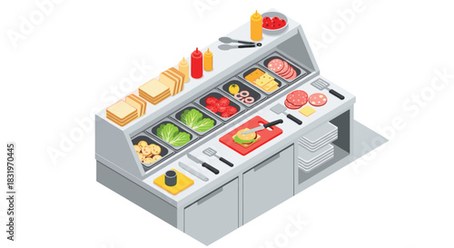 Isometric sandwich preparation counter with ingredients and utensils