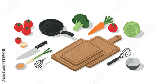 Cooking preparation with vegetables and utensils in modern isometric style