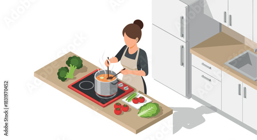 Isometric kitchen scene with woman cooking fresh vegetables at stove