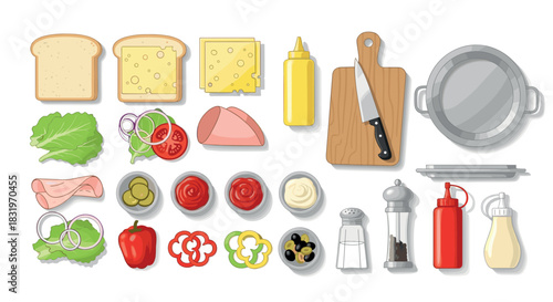 Custom sandwich ingredients: bread, cheese, vegetables, and condiments