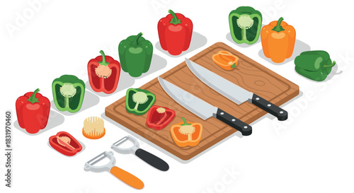 Isometric bell peppers with cutting tools on wooden board