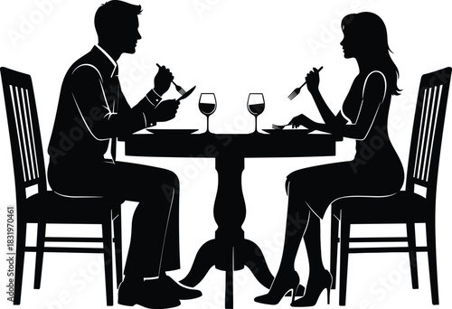 Romantic dinner silhouette, couple dining, black and white illustration, formal meal, wine glasses, elegant setting, social interaction, dining etiquette