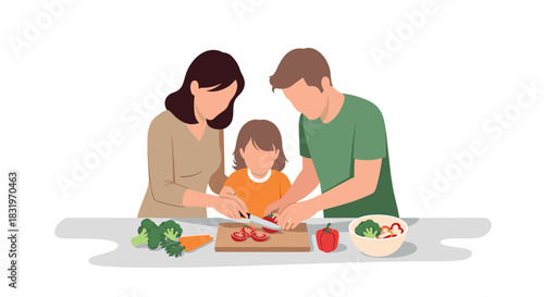 Family cooking together in kitchen: parents teaching child to prepare healthy meal