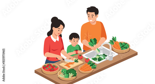 Family cooking together in modern kitchen with fresh vegetables