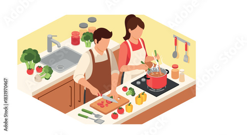 Cooking together at home: isometric kitchen scene with a couple preparing a meal