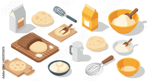 Isometric baking ingredients and tools with bread dough elements