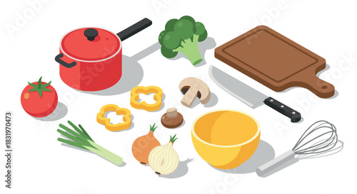 Colorful kitchen tools and vegetables in isometric design