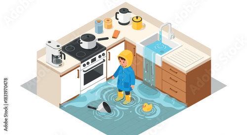 Isometric kitchen flood with child in raincoat and water overflowing from sink