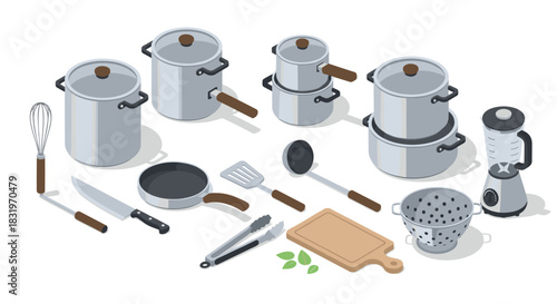 Modern kitchen essentials set with cooking utensils and appliances in isometric style