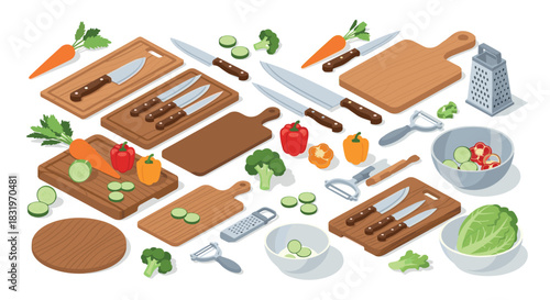 Isometric kitchen utensils and vegetables: cutting boards, knives, and fresh produce