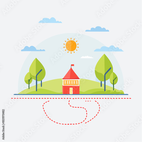 Stylized Red Tower Building Surrounded by Lush Green Trees Under a Bright Sunny Sky with Fluffy Clouds and a Calm Blue River