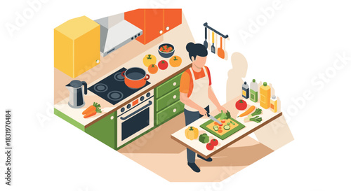 Home cooking in a modern kitchen: isometric style with fresh vegetables
