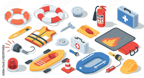 Isometric safety equipment and emergency tools set on white background